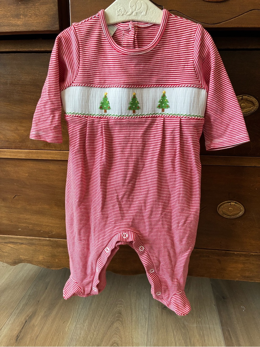Edgehill Collection Red & White Striped Baby One-Piece with Tree Smocking